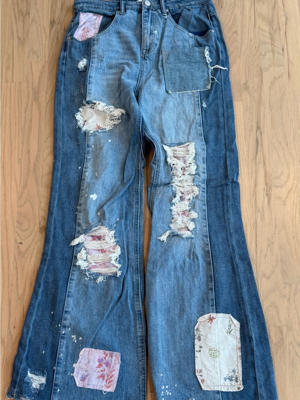 Altar'd State Two-Tone Blue Patchwork Flare Jeans